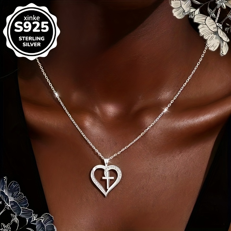 Women's Heart-Shaped Silvery Cross Necklace, Symbolizing Eternal Love